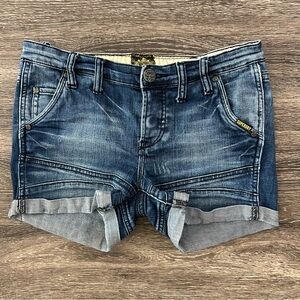Super Dry Denim Women's Blue Jean Shorts Hot Pants Stretch Sexy Biker Size 28